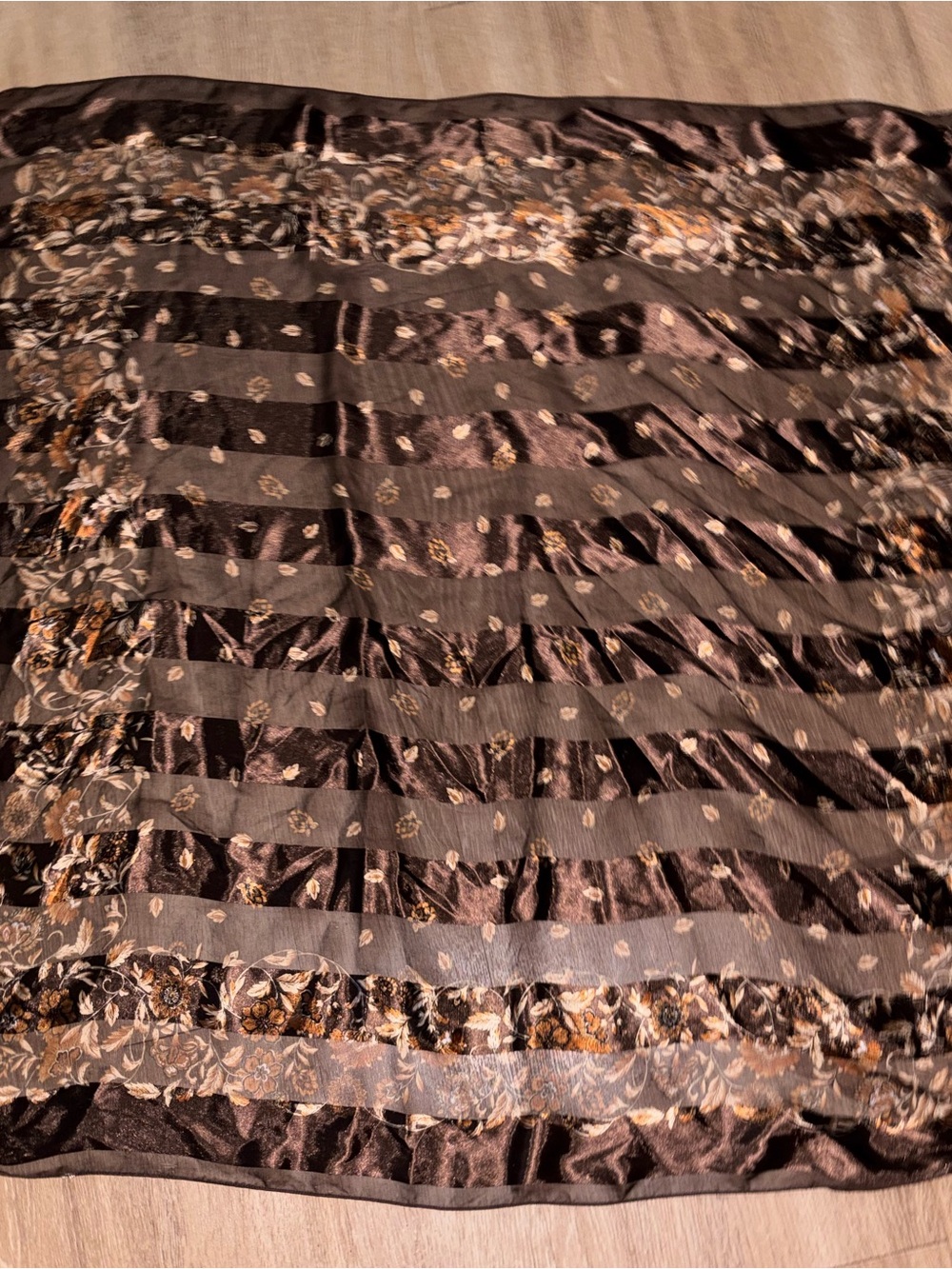 Vintage de' Ogos Brown Satin Square Scarf Sheer Floral Gold Baroque Wrap c1